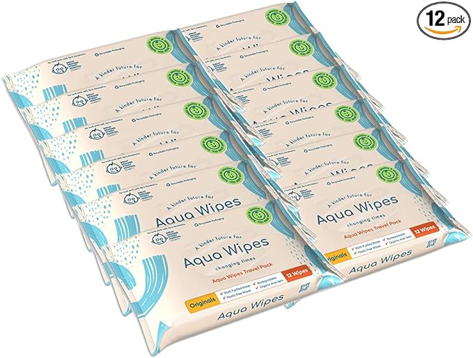 Aqua Wipes 100% Biodegradable Baby Wipes, Box Of Travel Pack (Pack of 12, 12 Pcs)