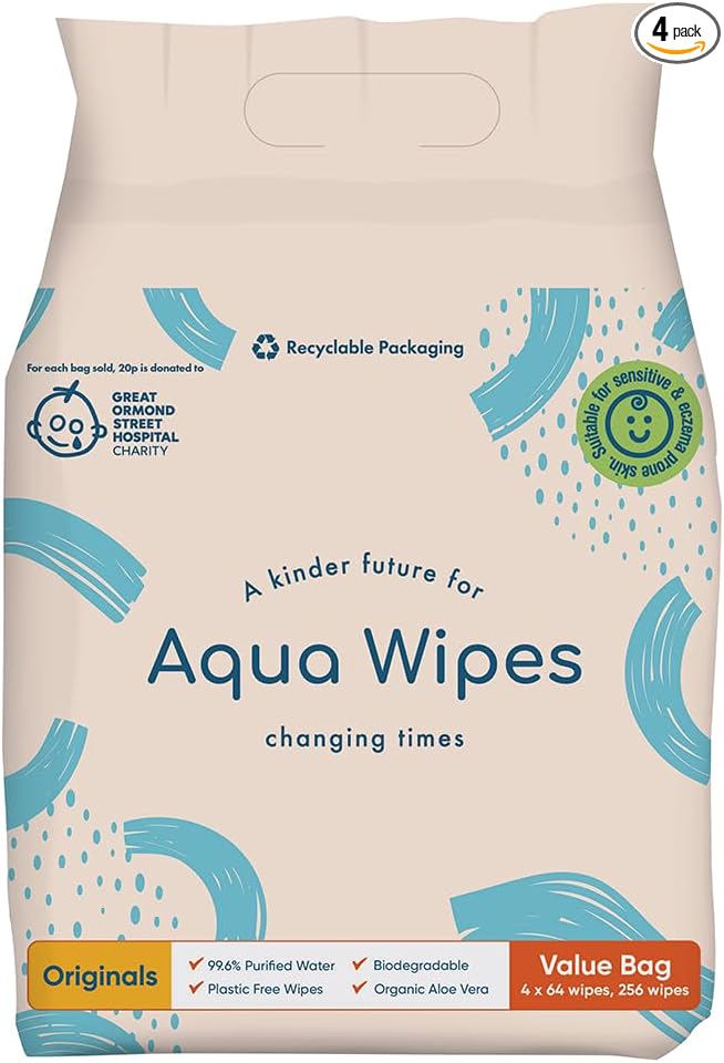 Aqua Wipes 100% Biodegradable Baby Wipes Multipack - (Pack of 4, 64pcs)