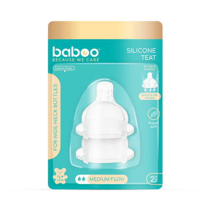 Baboo Premium Anti Colic 3 Valve Silicone Teat Wide Neck - Pack of 2