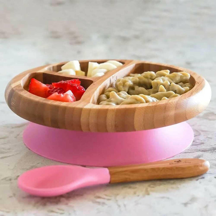 Bamboo Suction Plate With Spoon by Avanchy - Pink.