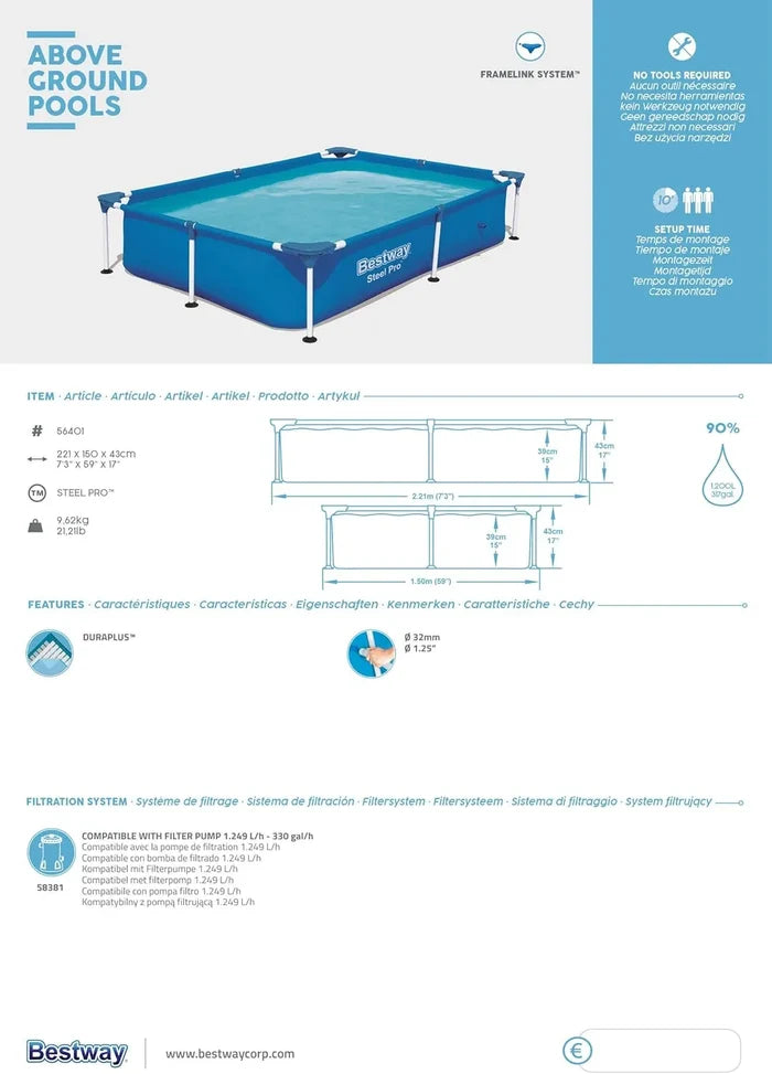Bestway Steel Pro Pool (2.21m x 1.50m x 0.43m)