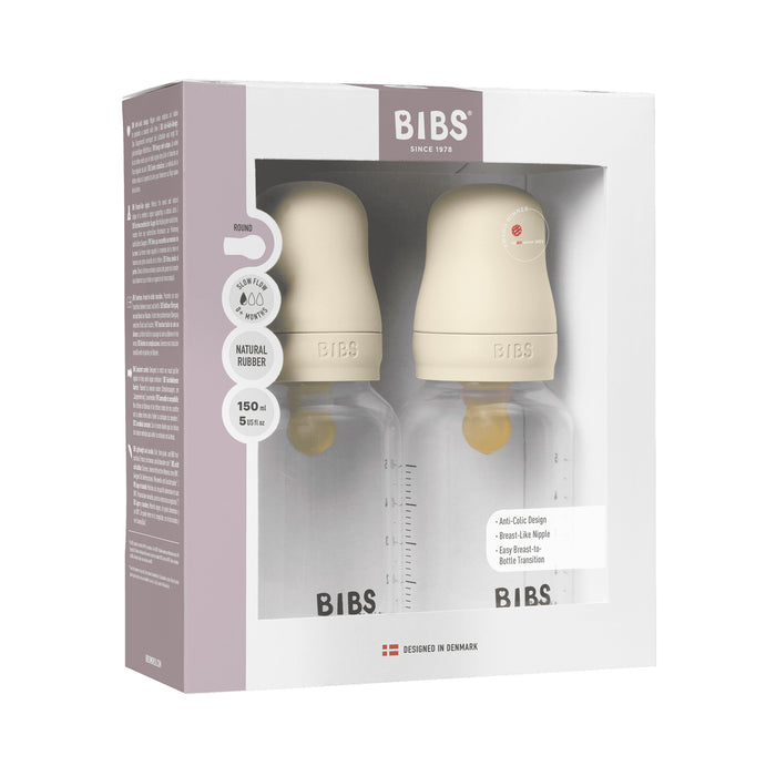 BIBS Baby Bottle Round Nipple Latex Slow Flow - Pack of 2 (Ivory, 150ml)