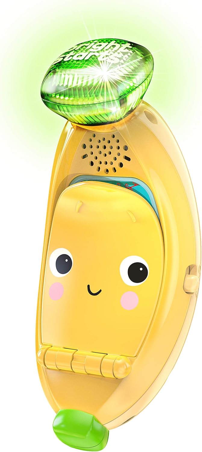 Bright Starts Babblin’ Banana Ring & Sing Light-Up Musical Baby Toy Flip Phone, 6 Months+