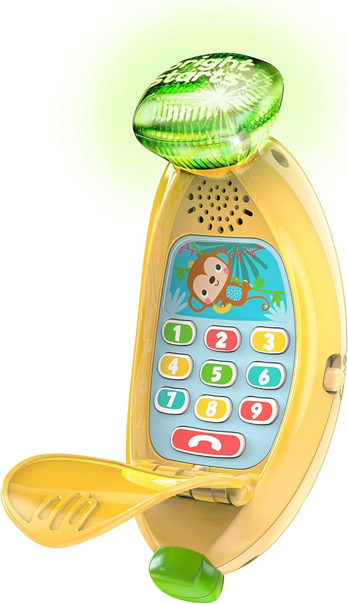 Bright Starts Babblin’ Banana Ring & Sing Light-Up Musical Baby Toy Flip Phone, 6 Months+
