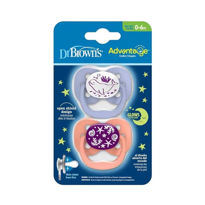 Dr. Brown's Advantage Pacifier Stage 1 Glow In The Dark (Pink) - Pack of 2