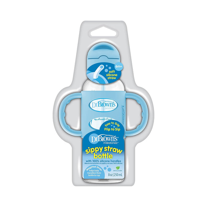 Dr. Brown's Milestones Narrow Sippy Straw Bottle, Spill-Proof With 100% Silicone Handles and Weighted Straw (8oz/250ml)