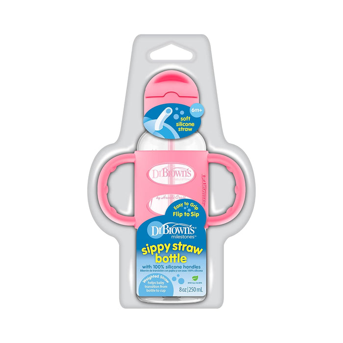 Dr. Brown's Milestones Narrow Sippy Straw Bottle, Spill-Proof With 100% Silicone Handles and Weighted Straw (8oz/250ml)