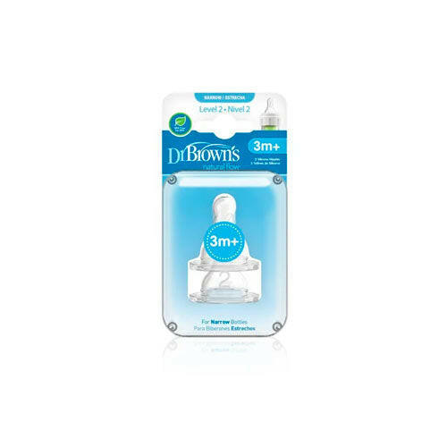 Dr. Brown’s Narrow Neck Silicone Nipple, Level 2, Pack of 2, 3m+
