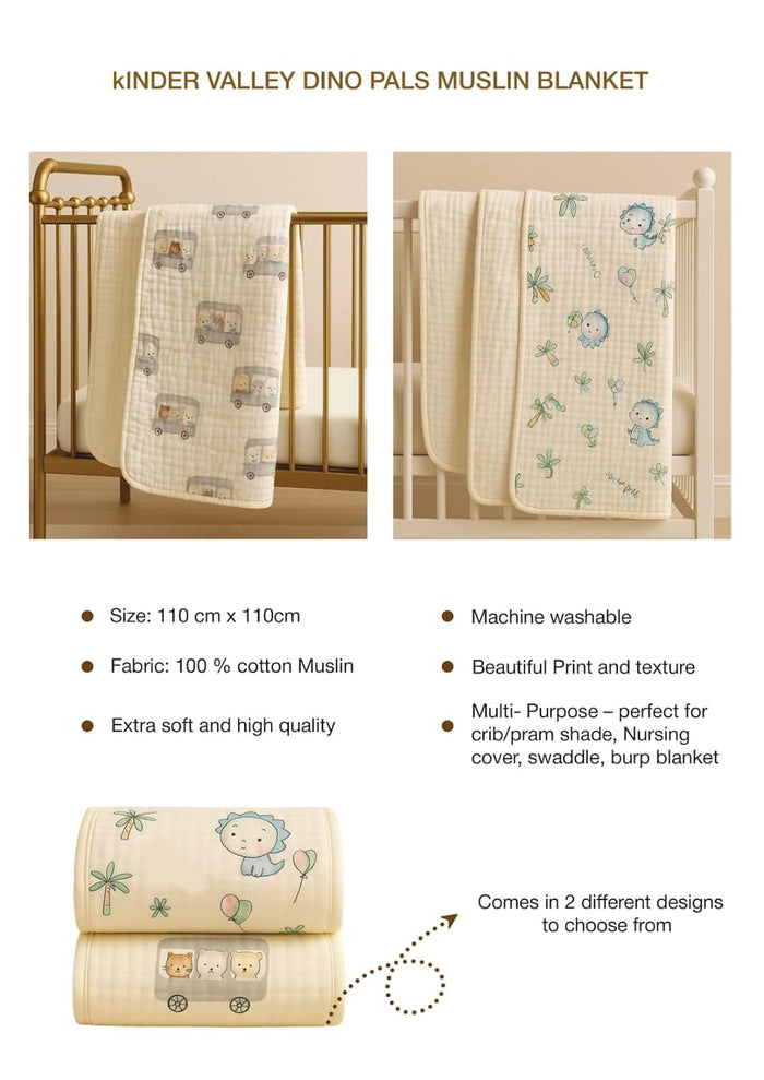 Kinder Valley 100% Organic Cotton Dino Pal Reversible Muslin Blanket