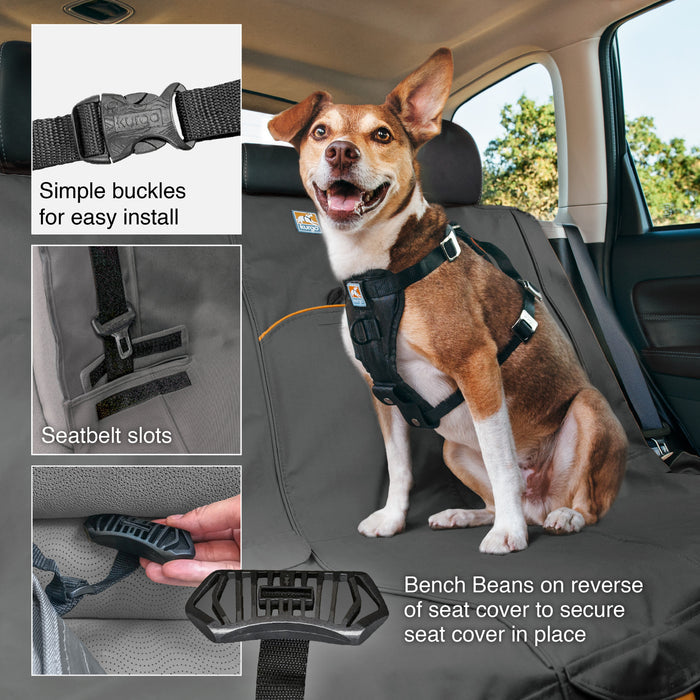Simple buckles for easy install. Seatbelt slots.  Bench Beans on a reverse of seat cover to secure seat cover in place.