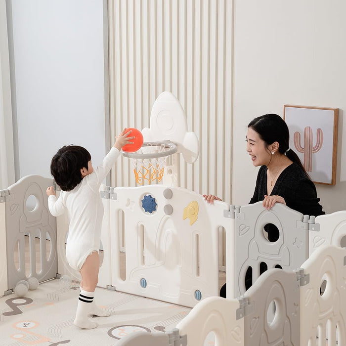Little Story - Portable Playpen 16Pcs ( 14 Panel + 1 basketball hoop Panel + 1 Door ) - Space Grey