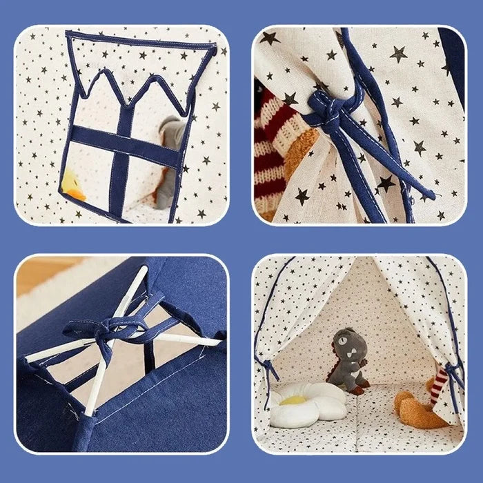 Little Story Foldable Teepee Playpen Canvas Tent Hut Play House (Blue)
