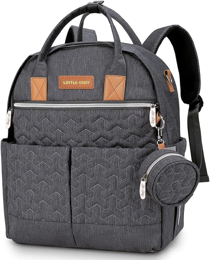 Little Story Quilted Diaper Backpack With Pacifier bag and Stroller Hook (Grey)