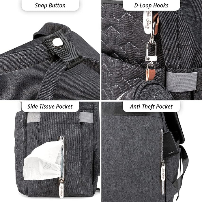 Little Story Quilted Diaper Backpack With Pacifier bag and Stroller Hook (Grey)