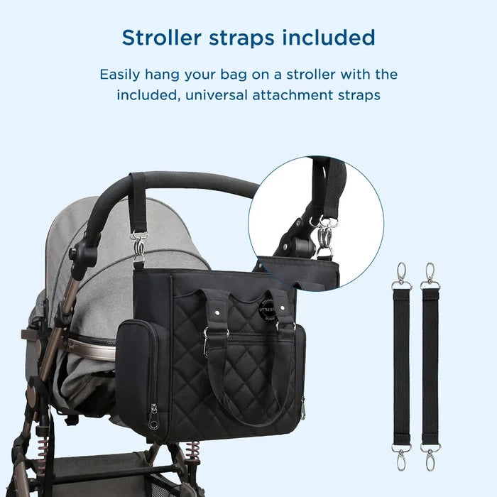 Little Story Set of 7 Quilted Diaper Bag with Stroller Straps and Changing Mat