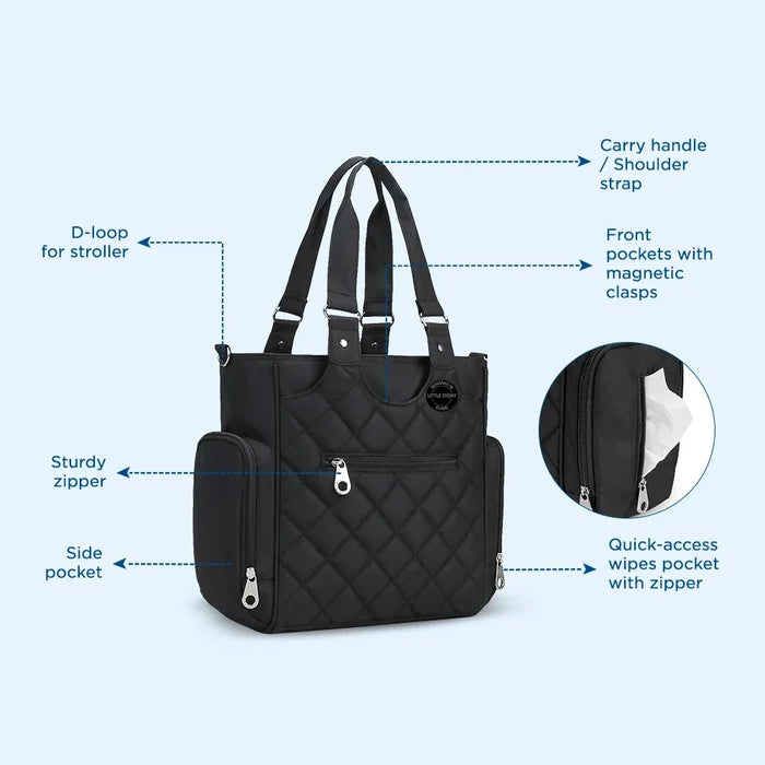 Little Story Set of 7 Quilted Diaper Bag with Stroller Straps and Changing Mat