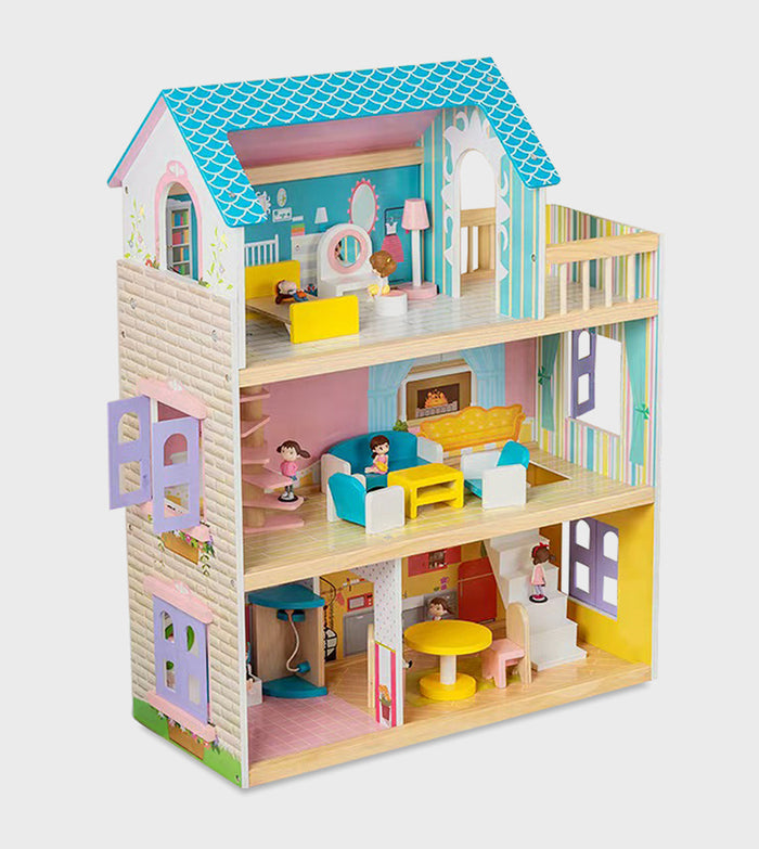 Little Story Wooden Dollhouse 3 Floors With  Furniture, Accessories & Dolls