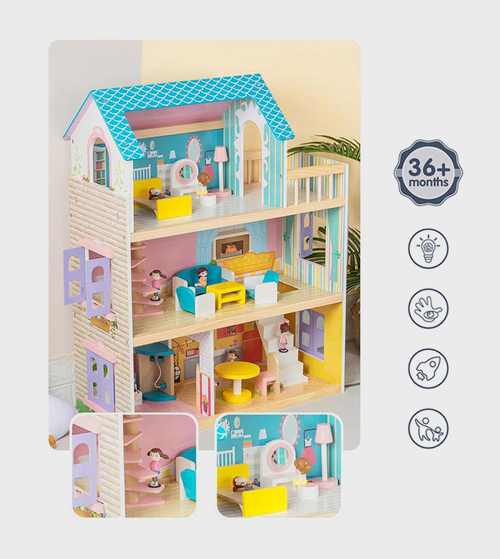Little Story Wooden Dollhouse 3 Floors With  Furniture, Accessories & Dolls