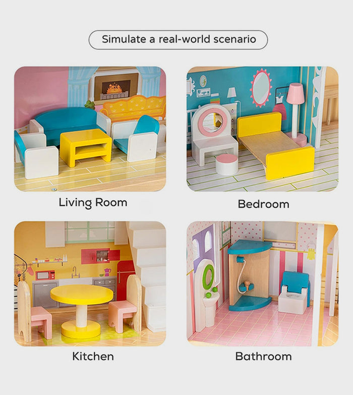 Little Story Wooden Dollhouse 3 Floors With  Furniture, Accessories & Dolls
