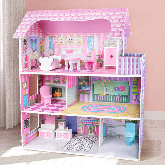 Little Story Wooden Dollhouse Triple Floor Castle Villa w/ Furniture and Accessories (Pink)
