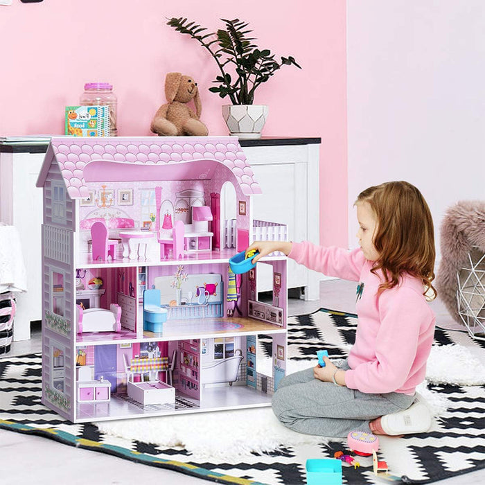 Little Story Wooden Dollhouse Triple Floor Castle Villa w/ Furniture and Accessories (Pink)