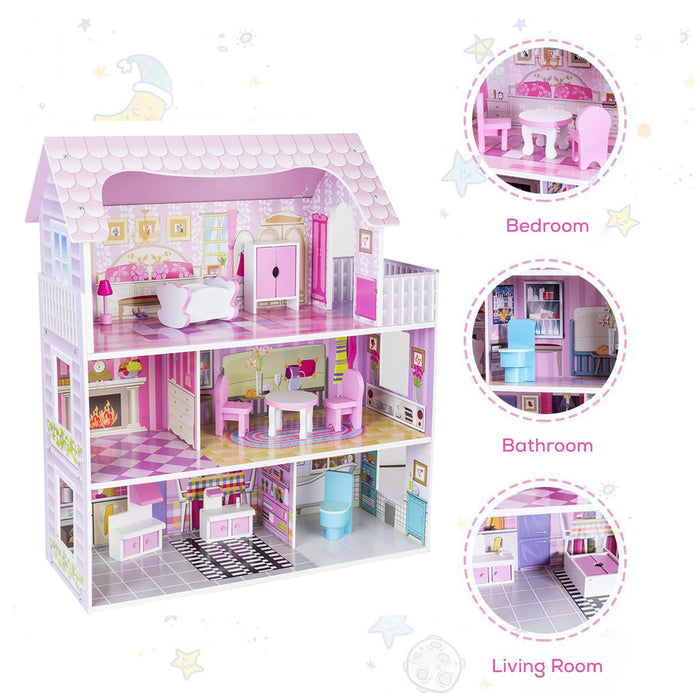 Little Story Wooden Dollhouse Triple Floor Castle Villa w/ Furniture and Accessories (Pink)
