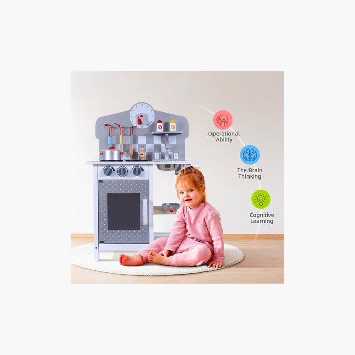 Little Story Wooden Kitchen With Wall Clock (Slate Grey)