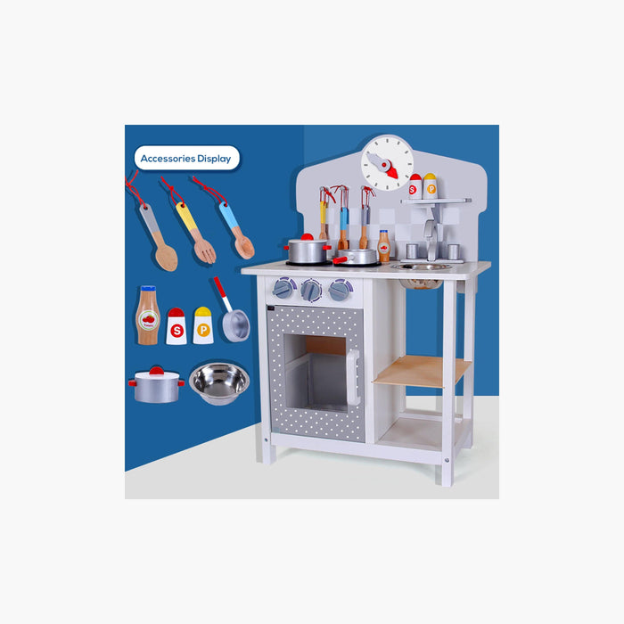 Little Story Wooden Kitchen With Wall Clock (Slate Grey)