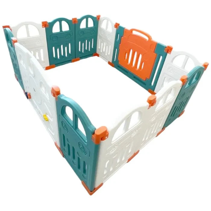 Little Toddlers Foldable Playpen (10 Simple Panel, 1 Game Panel, 1 Door Green/Orange) 111x155x63 cm