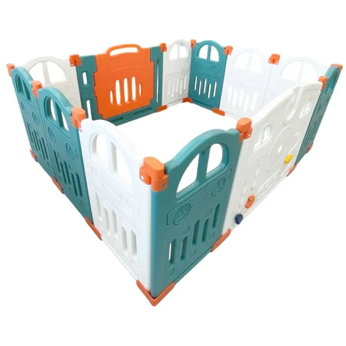 Little Toddlers Foldable Playpen (10 Simple Panel, 1 Game Panel, 1 Door Green/Orange) 111x155x63 cm