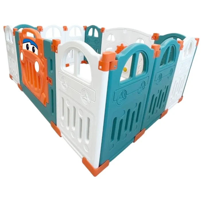 Little Toddlers Foldable Playpen (10 Simple Panel, 1 Game Panel, 1 Door Green/Orange) 111x155x63 cm