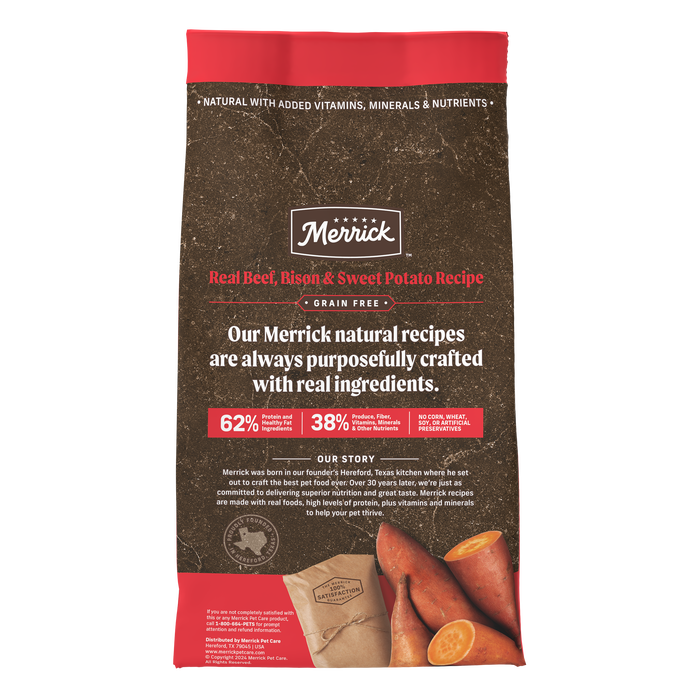 Merrick Premium Grain Free Dry Adult Dog Food, Wholesome And Natural Kibble With Beef, Bison And Sweet Potato