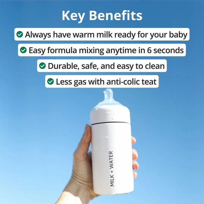 Milk + Water All In One Baby Bottle Stainless Steel (9oz, Arctic White, Fast Flow)