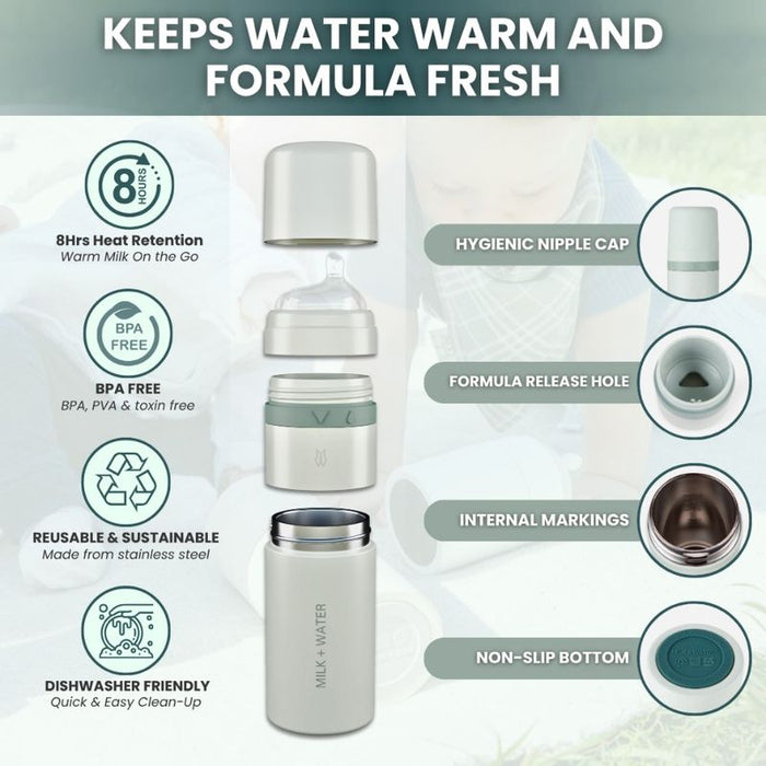 Milk + Water All In One Baby Bottle Stainless Steel (9oz, Arctic White, Fast Flow)
