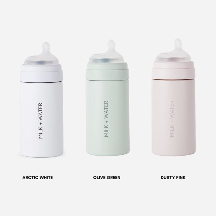 Milk + Water All In One Baby Bottle Stainless Steel (9oz, Dusty PInk, Medium Flow)