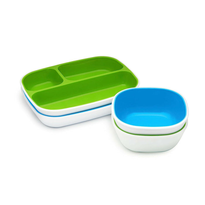 Munchkin Splash 4 Piece Toddler Divided Plate and Bowl Dining Set, Blue/Green.