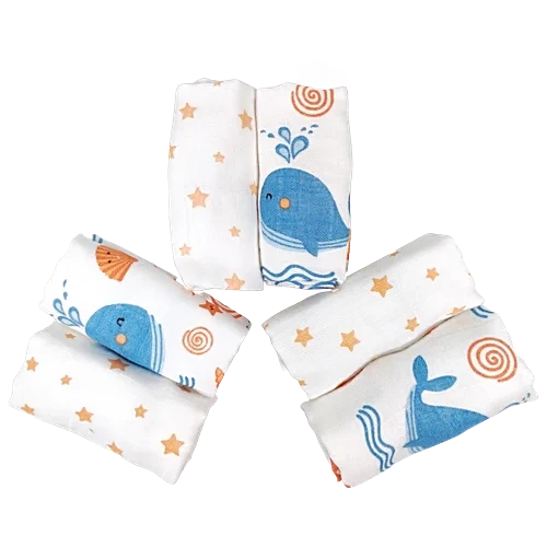 Nuluv Ultra Soft Bamboo Cotton Wash Cloth (Blue Whale) - Pack of 6