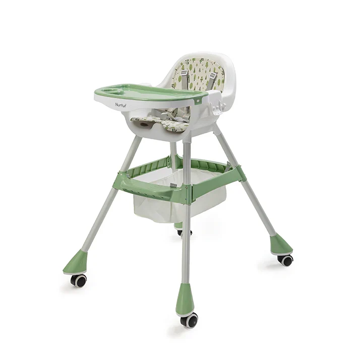 Nurtur High chair, Storage Basket, Lockable Wheels, Detachable Tray (Green)