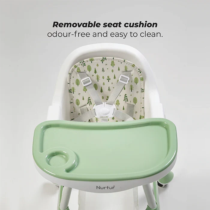 Nurtur High chair, Storage Basket, Lockable Wheels, Detachable Tray (Green)