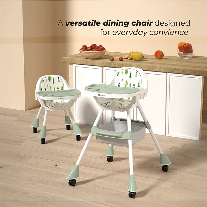 Nurtur High chair, Storage Basket, Lockable Wheels, Detachable Tray (Green)
