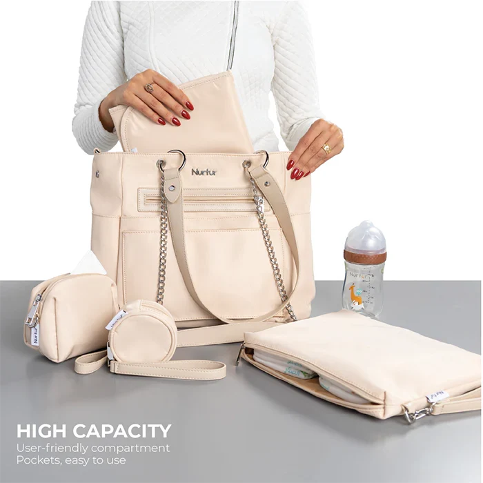 Nurtur Regalia 6 In 1 Diaper Bag - Beige (Bottle Insulator, Changing Pad, Pouches)