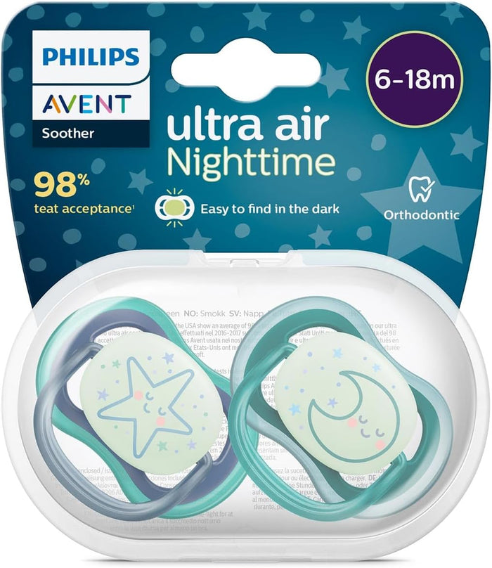 Philips Avent Soother Anti Colic Teats Glow In The Dark (Boy, 6-18 Months) - Pack of 2