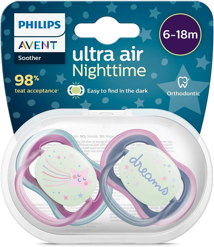 Philips Avent Soother Anti Colic Teats Glow In The Dark (Girl, 6-18 Months) - Pack of 2