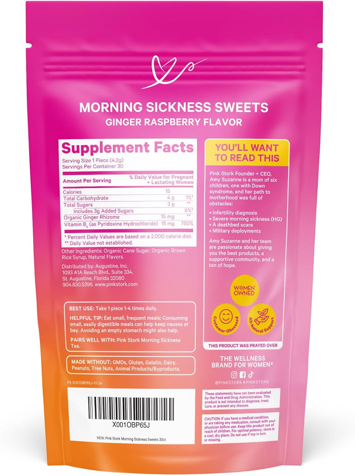 Pink Stork Morning Sickness Sweets, Organic Raspberry Ginger Candy with Vitamin B6, 30 pcs