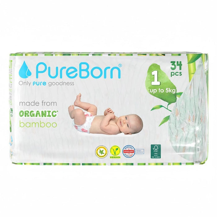 PureBorn Organic Bamboo Nappies (Size 1) 34 Pcs