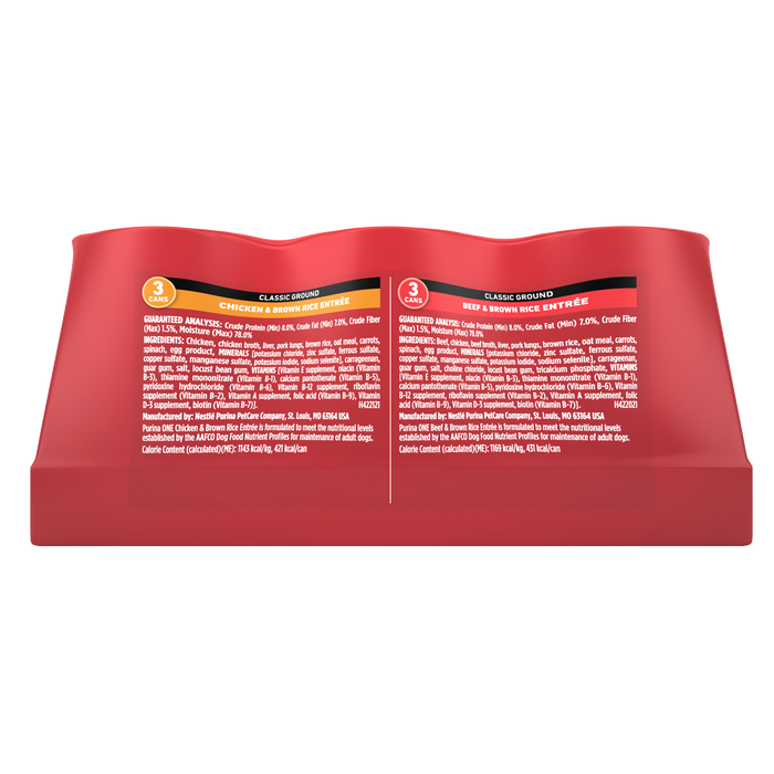 Purina ONE Classic Ground Chicken and Brown Rice, and Beef and Brown Rice Entrees Wet Dog Food Variety Pack
