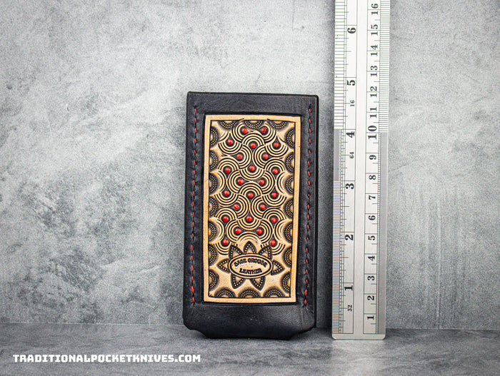 Sage Grouse Leather: Leather Knife Slip Lake Champlain "Swirled Red Dots"