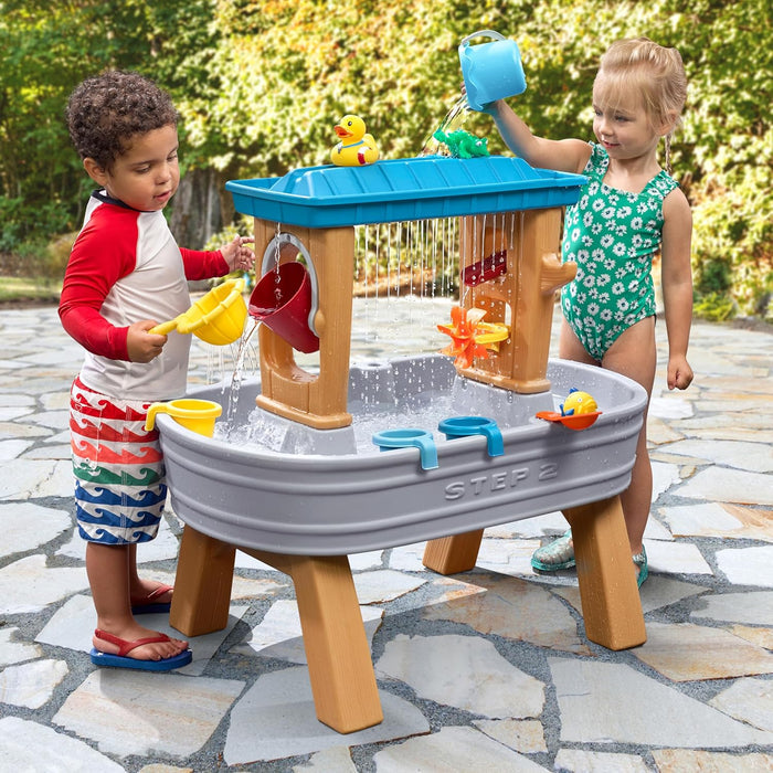 Step2 Rain Showers Splash Tub Water Play with 13-Piece Accessory Set Garden for Children in Grey & Brown.