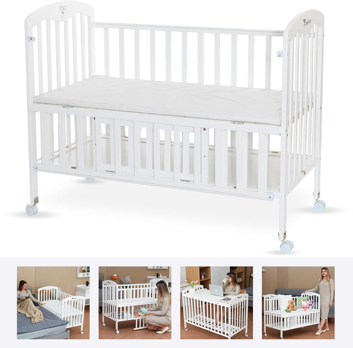 Teknum 4 in 1 Wooden Bedside With Storage and Height Adjustment (White) From Newborn Upto 4ys  Old