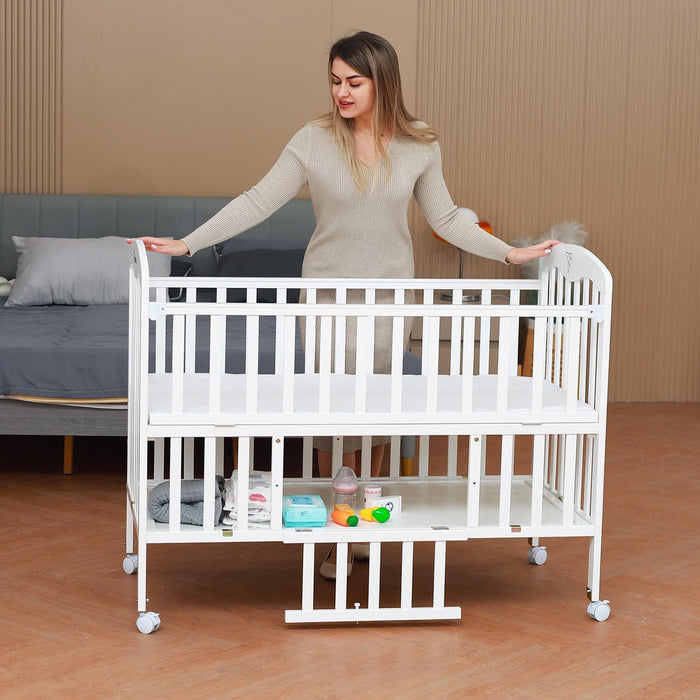 Teknum 4 in 1 Wooden Bedside With Storage and Height Adjustment (White) From Newborn Upto 4ys  Old